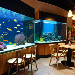 **

`Cozy aquarium cafe interior, soft lighting, comfortable armchairs, various sized aquariums with colorful freshwater fish (guppies, neons, scalar), natural materials (wood, bamboo), relaxing atmosphere.`

**
