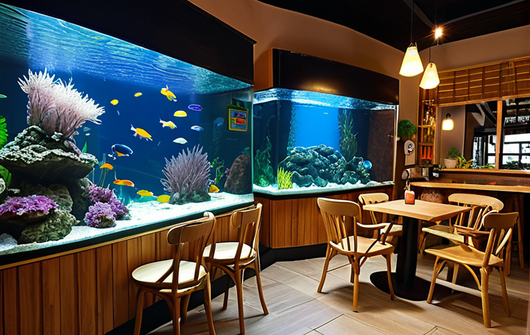 **
`Cozy aquarium cafe interior, soft lighting, comfortable armchairs, various sized aquariums with colorful freshwater fish (guppies, neons, scalar), natural materials (wood, bamboo), relaxing atmosphere.`
**