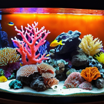 **

A vibrant, miniature coral reef aquarium scene inside a living room. Focus on the diversity of life colonizing a porous live rock structure. Show colorful corals, small fish, and invertebrates. Bright lighting highlighting the textures of the rock and the vibrant colors of the ecosystem.

**