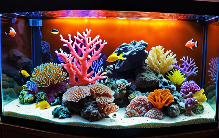 **
A vibrant, miniature coral reef aquarium scene inside a living room. Focus on the diversity of life colonizing a porous live rock structure. Show colorful corals, small fish, and invertebrates. Bright lighting highlighting the textures of the rock and the vibrant colors of the ecosystem.
**