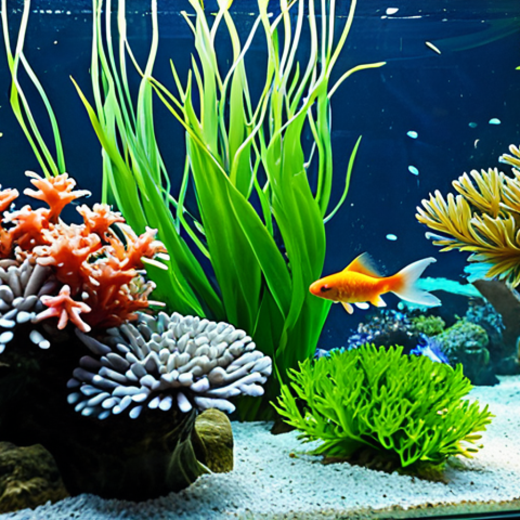 **
A family-friendly aquarium scene. Several goldfish swim among lush green plants and colorful coral. Sunlight streams through the water, creating dappled light effects. The aquarium is well-maintained and clean, with clear water. Professional photography, high quality, perfect anatomy, natural proportions, fully clothed (referring to any potential human figures implied by "family-friendly," ensuring they are not depicted). Safe for work, appropriate content, modest.
**
