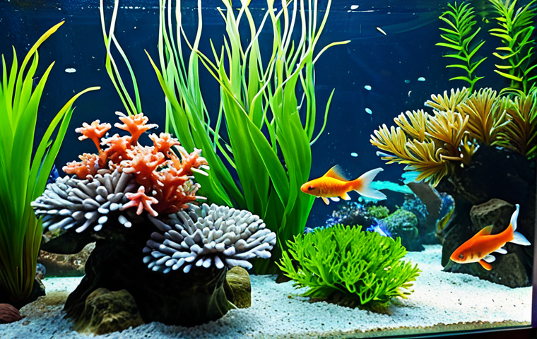**
A family-friendly aquarium scene. Several goldfish swim among lush green plants and colorful coral. Sunlight streams through the water, creating dappled light effects. The aquarium is well-maintained and clean, with clear water. Professional photography, high quality, perfect anatomy, natural proportions, fully clothed (referring to any potential human figures implied by "family-friendly," ensuring they are not depicted). Safe for work, appropriate content, modest.
**