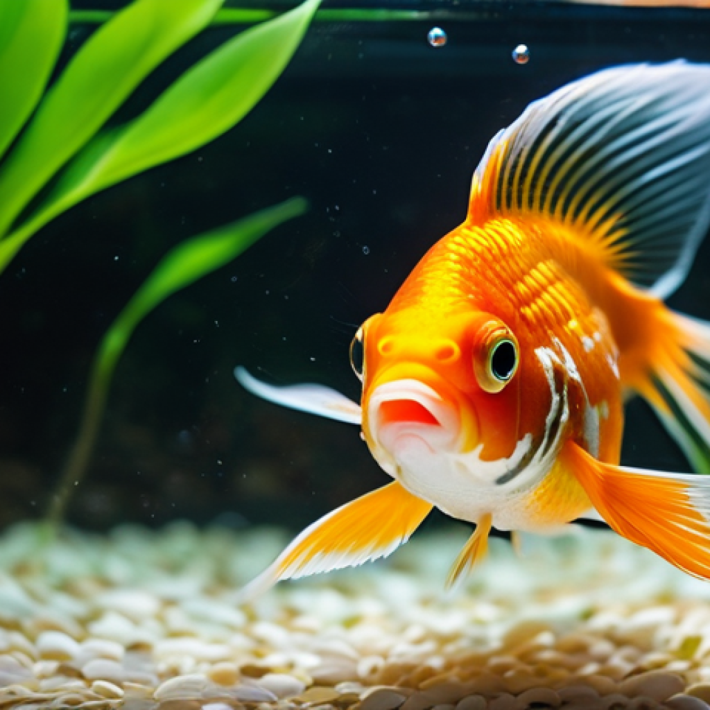 금붕어와 잉어 차이 - **Vibrant Goldfish in a Lush Aquarium**
    A close-up, eye-level shot of a large, healthy fancy gol...