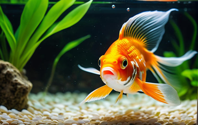 금붕어와 잉어 차이 - **Vibrant Goldfish in a Lush Aquarium**
A close-up, eye-level shot of a large, healthy fancy gol...