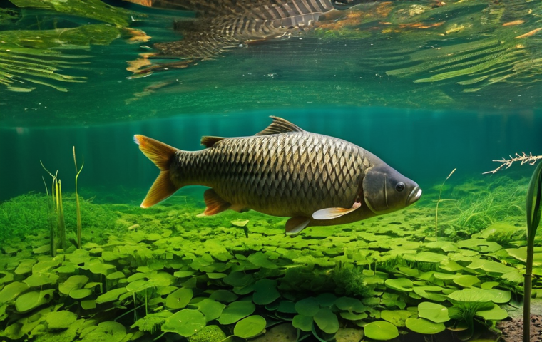 금붕어와 잉어 차이 - **Vibrant Goldfish in a Lush Aquarium**
    A close-up, eye-level shot of a large, healthy fancy gol...
