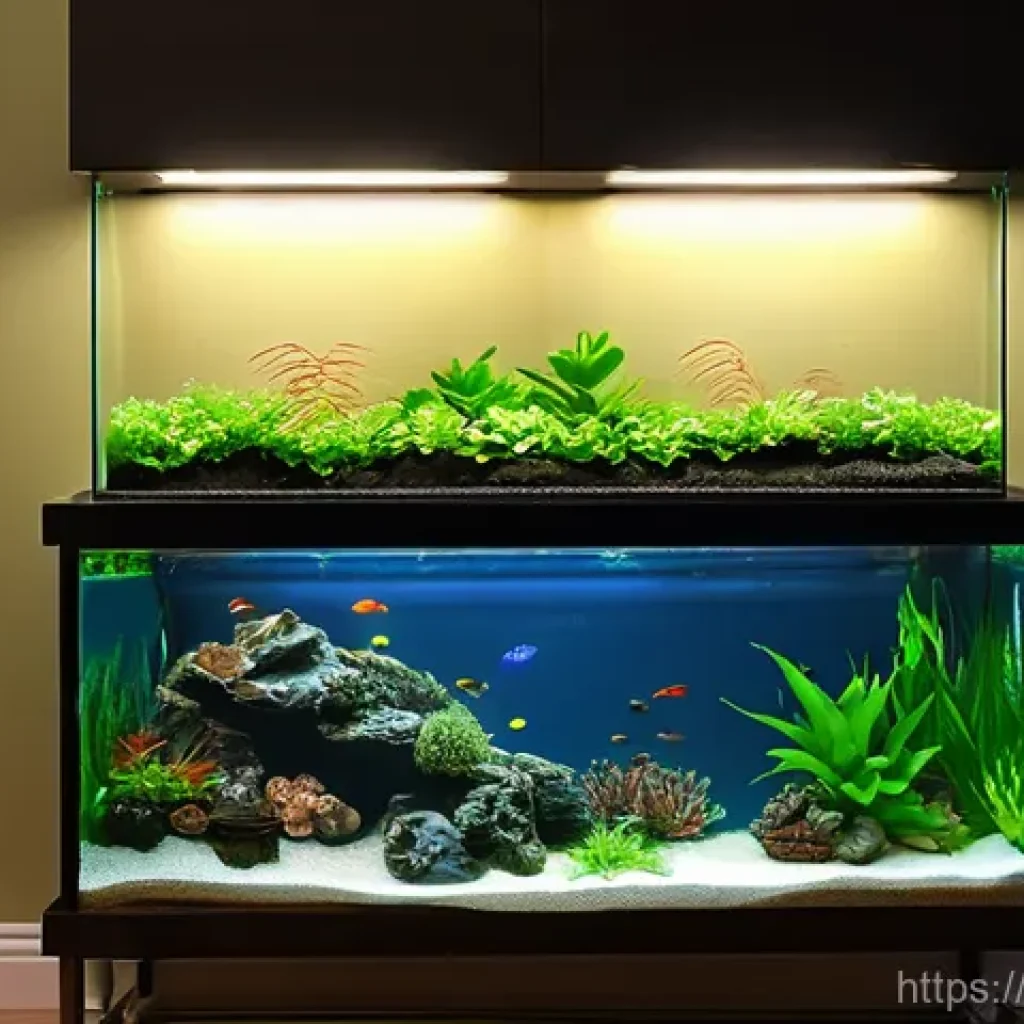 물고기 입양 가이드 - **Prompt:** A cozy and well-lit living room corner featuring a rectangular freshwater aquarium, appr...