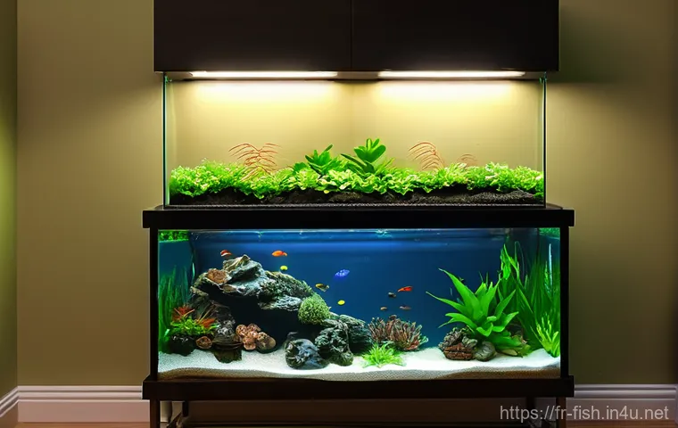 물고기 입양 가이드 - **Prompt:** A cozy and well-lit living room corner featuring a rectangular freshwater aquarium, appr...