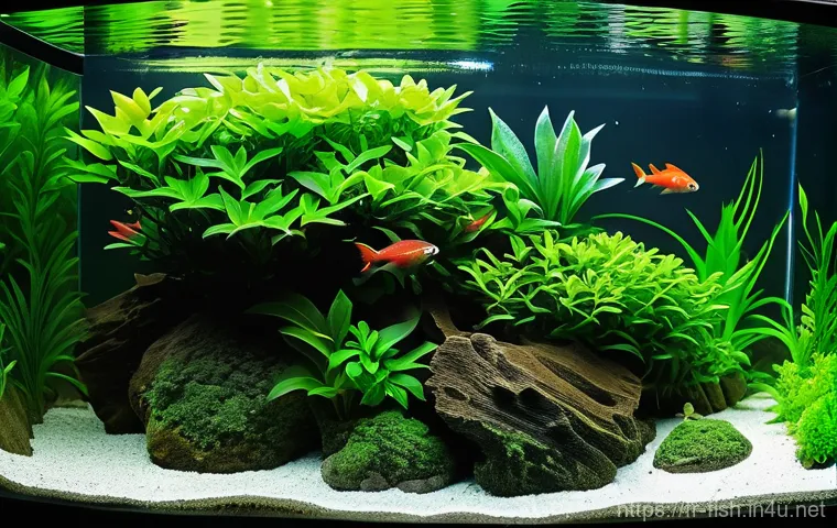 수초 교배로 풍성하게 - Image Prompt 1: The Lush, Vibrant Aquascape: A Master's Touch**