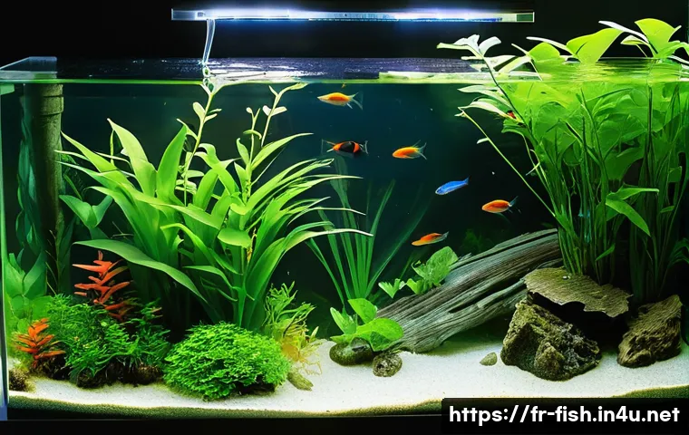 어항 온도계 설치법 - **Prompt:** A meticulously maintained freshwater aquarium, showcasing various temperature monitoring...