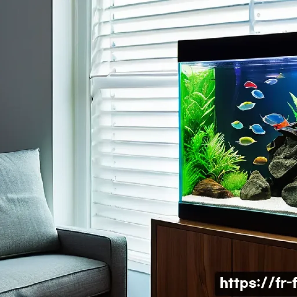 DIY 수조 제작 - A cozy, well-lit corner of a modern French living room featuring a medium-sized 60-liter glass aquar...