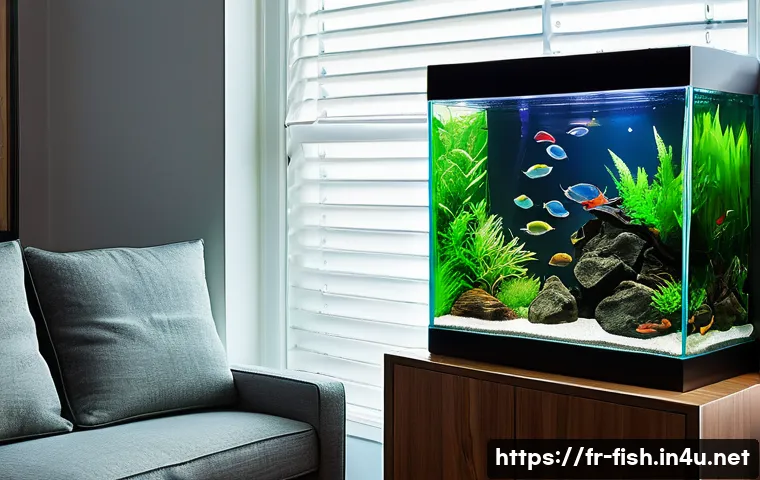 DIY 수조 제작 - A cozy, well-lit corner of a modern French living room featuring a medium-sized 60-liter glass aquar...