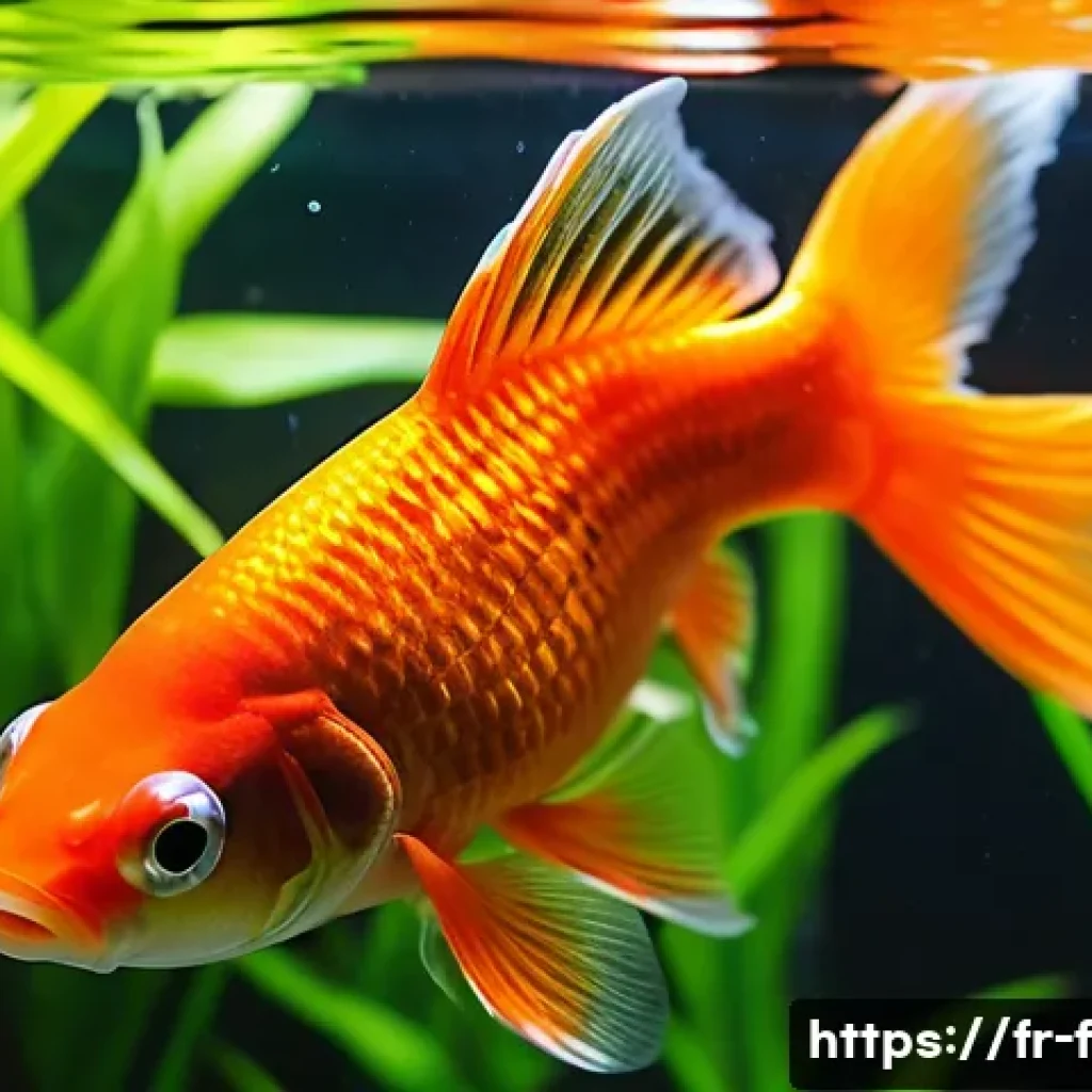금붕어 품종 특징 - A vibrant aquarium scene featuring a lively Comet goldfish with an elongated body and flowing tail s...
