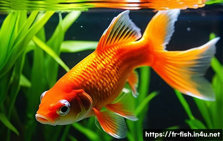 금붕어 품종 특징 - A vibrant aquarium scene featuring a lively Comet goldfish with an elongated body and flowing tail s...