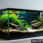 Home 21 관상어 전문가 인터뷰 - A bright, modern freshwater aquarium setup in a cozy French living room corner, featuring a 60-liter...
