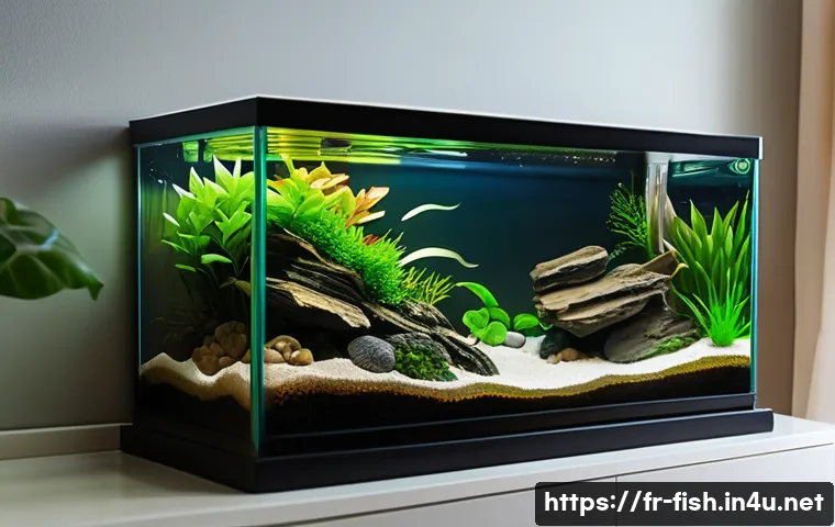 관상어 전문가 인터뷰 - A bright, modern freshwater aquarium setup in a cozy French living room corner, featuring a 60-liter...