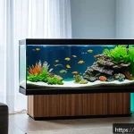 Home 20 실내 어항 위치 선정 - A modern living room corner featuring a medium-sized aquarium placed on a sturdy wooden stand with a...