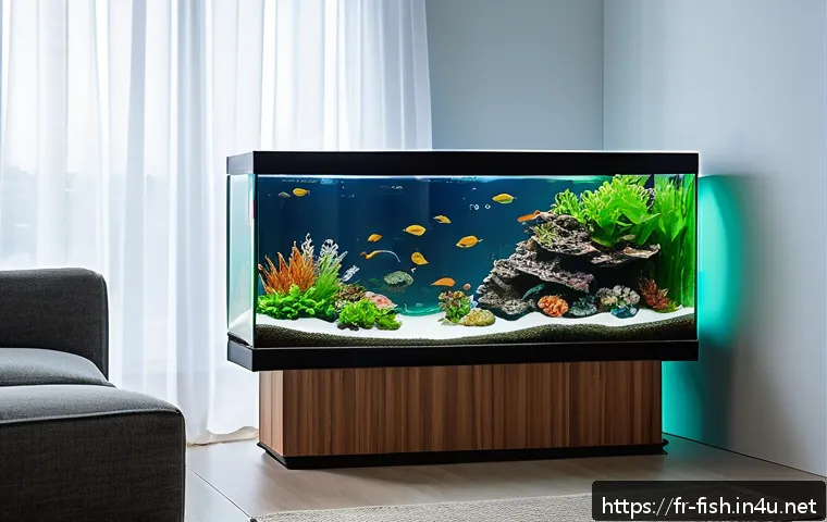 실내 어항 위치 선정 - A modern living room corner featuring a medium-sized aquarium placed on a sturdy wooden stand with a...