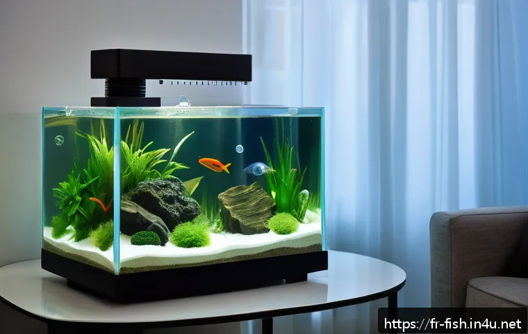 어항 공기펌프 종류 - A modern, quiet aquarium air pump setup in a cozy French living room with natural daylight filtering...