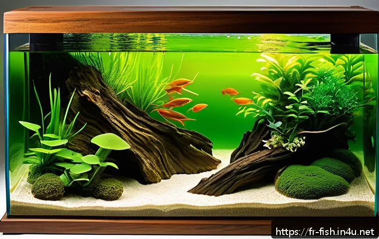 어항에 적합한 나무 - A natural freshwater aquarium scene featuring a variety of robust wood types submerged in clear wate...
