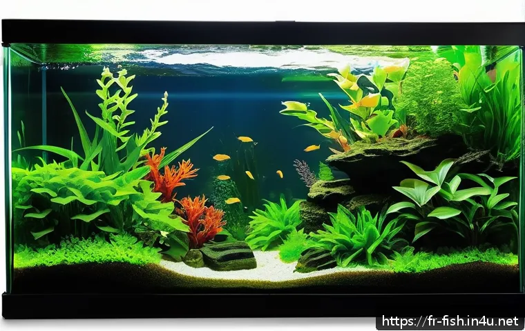어항 CO2 시스템 - A beautifully planted aquarium scene showcasing various aquatic plants thriving with vibrant green l...