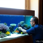 Home 23 해수어 온도 조절법 - Photorealistic French apartment interior in Marseille, a careful aquarist adjusting a compact aquari...