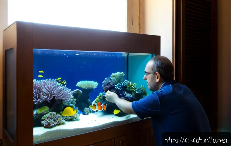 해수어 온도 조절법 - Photorealistic French apartment interior in Marseille, a careful aquarist adjusting a compact aquari...