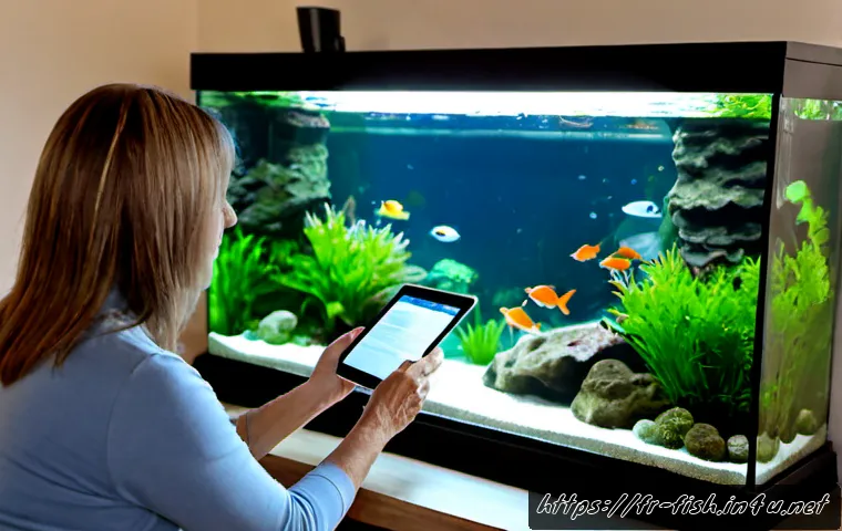 Home 17 관상어 커뮤니티 사이트 - Photorealistic cozy French apartment living room, a middle-aged aquarium enthusiast seated beside a ...