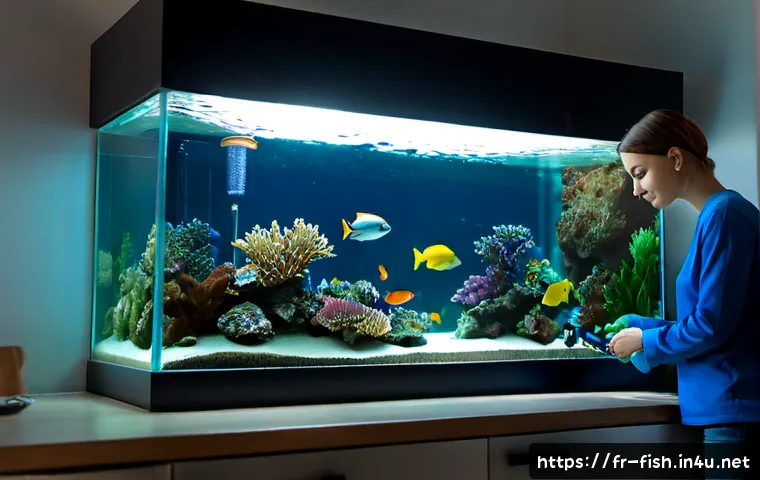 해수어의 염도 관리 - Photorealistic home marine aquarium maintenance scene in a bright French apartment, adult hobbyist c...