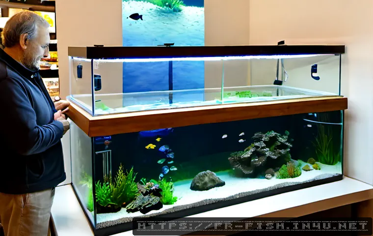 Home 17 어항 구매 팁 - Photorealistic French home aquarium shop scene, a middle-aged customer carefully comparing two empty...