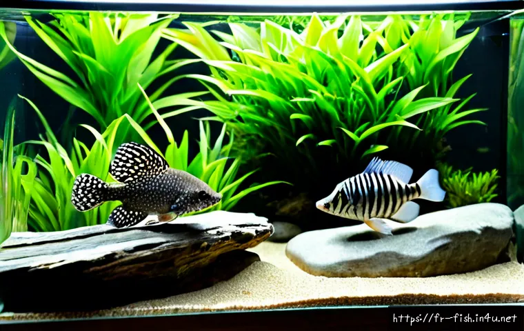 플레코 종류와 가격 - Photorealistic freshwater aquarium showcasing three distinct pleco varieties side by side: a small s...