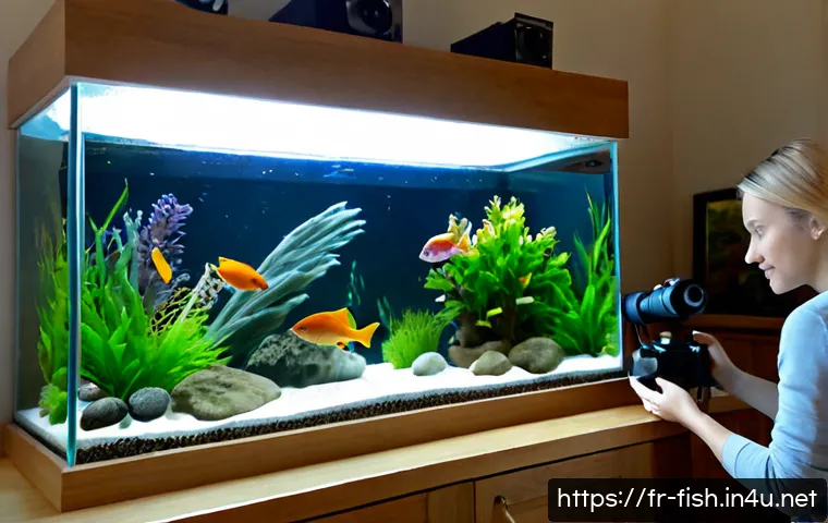 관상어용 카메라 설치법 - Photorealistic French apartment living room, a clear freshwater ornamental fish aquarium on a light ...