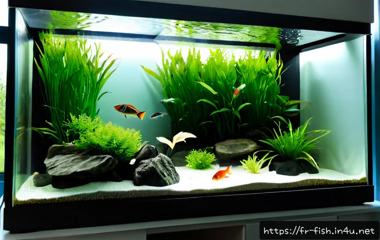 수초와 어류 공생 방법 - Photorealistic freshwater planted aquarium in a bright French apartment living room, small peaceful ...
