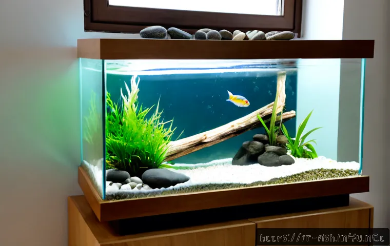 어항 꾸미기 팁 - Photorealistic freshwater aquarium decorating scene in a bright French apartment living room, a clea...